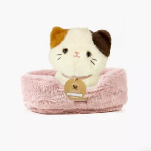 Kimi, un gatto di peluche da 18 cm con collare e cestino in pelliccia sintetica rosa